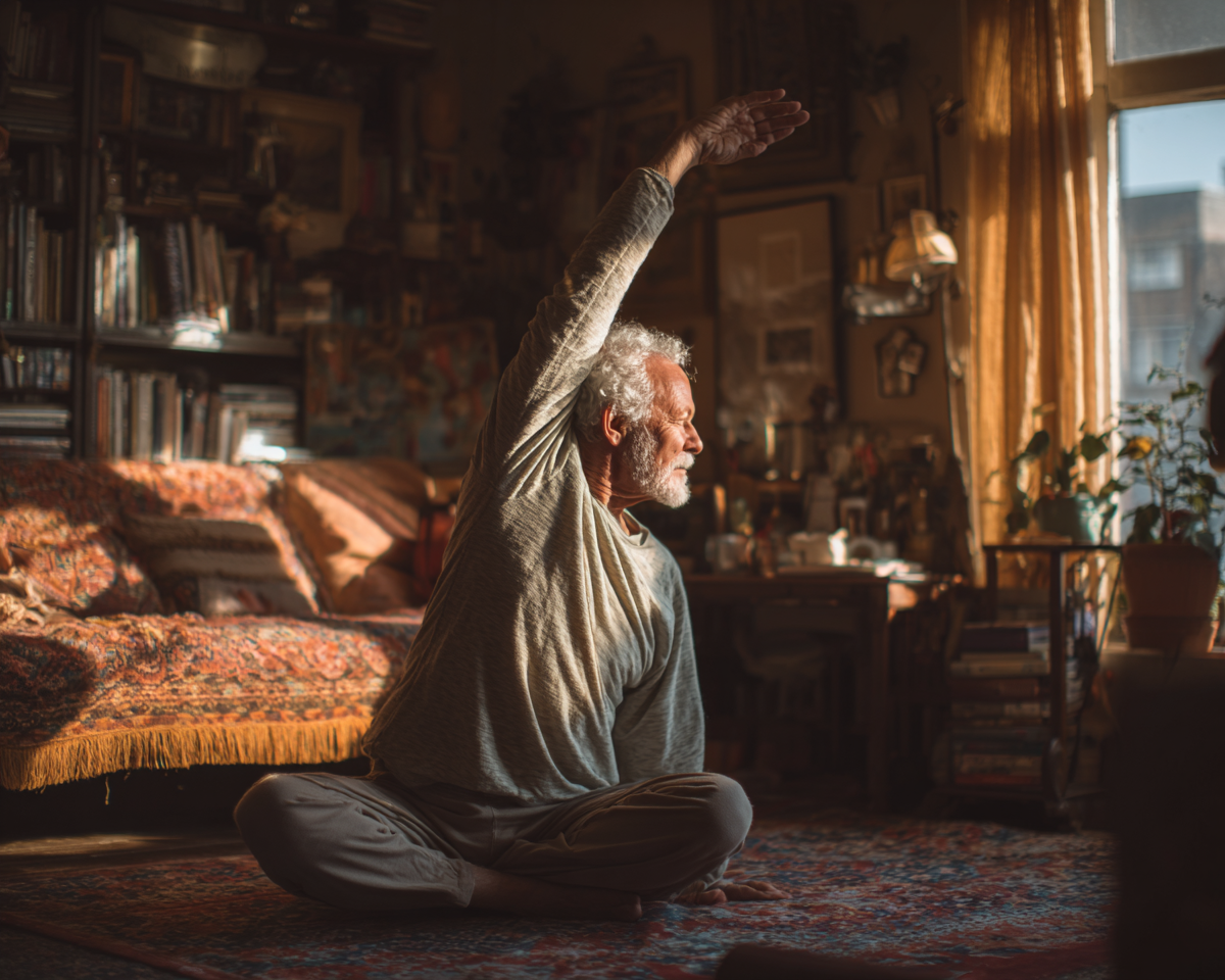 Група людей зрілого віку займаються йогою в затишній студії